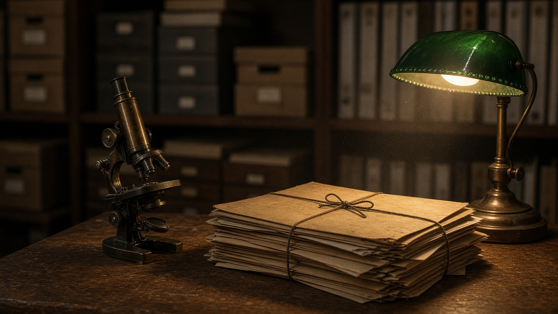 A wooden table with a vintage microscope, tied folders, and a desk lamp.